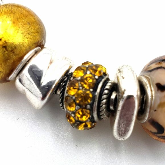 Silver Tone Glass Bead Charm Bracelet Honey Gold Cream Brown Neutral Chunky - Picture 5 of 7